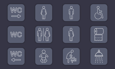 Set of WC Line Icon. Toilet Room Sign. Mother and Baby Room. Public Washroom for Disabled, Male, Female, Transgender Outline Pictogram. Vector Illustration