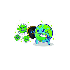 Fight Corona Virus Vector Illustration. Earth Fight Virus Cartoon Concept. Save Earth From Virus. Corona Virus With Illustrated Earth Attack