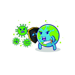 Fight Corona Virus Vector Illustration. Earth Fight Virus Cartoon Concept. Save Earth From Virus. Corona Virus With Illustrated Earth Attack