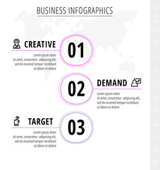 Line vector infographics with three circles. Modern concept 3 icons with labels step by step for the app, business, website, interface, chart, levels, web, diagram, banner, presentations