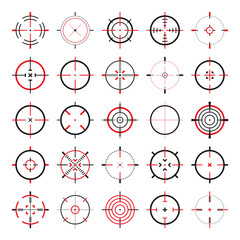 Crosshair, gun sight vector icons. Bullseye, black target or aim symbol. Military rifle scope, shooting mark sign. Targeting, aiming for a shot. Archery, hunting and sports shooting. Game UI element.