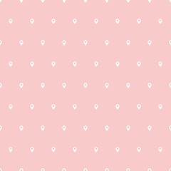 White tiny map pin on pink background. Seamless pattern with map pin.