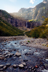 Garganta Del Diablo in Cerro Tronador, a great waterfall that falls from the thaw on the rocks of the hill