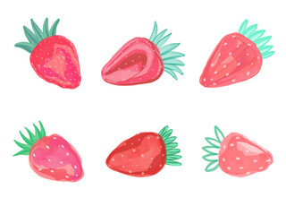 Hand drawn Vector watercolor set of Strawberries. Pink juicy Berries isolated on white background. Summer elements for design.