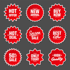 Realistic red price tags collection. Special offer or shopping discount label. Retail paper sticker. Promotional sale badge. Vector illustration.