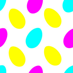 Vector easter seamless pattern: pink,yeallow. blue eggs on white. Simple flat design with holiday simbol for textile, wrapping paper, wallpaper.