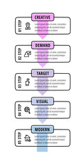 Modern vector hand-drawn infographics with 5 arrows and rectangles. Business concept graphic process template with five steps and symbols. Sketch timeline for a project on white background