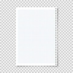 Realistic blank lined paper sheet in A4 format on transparent background. Notebook page, document. Design template or mockup. Vector illustration.