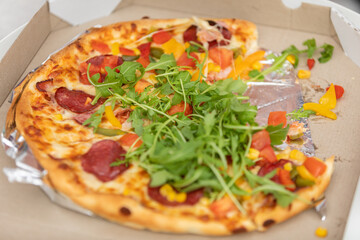 Started round pizza with fresh arugula leaves.