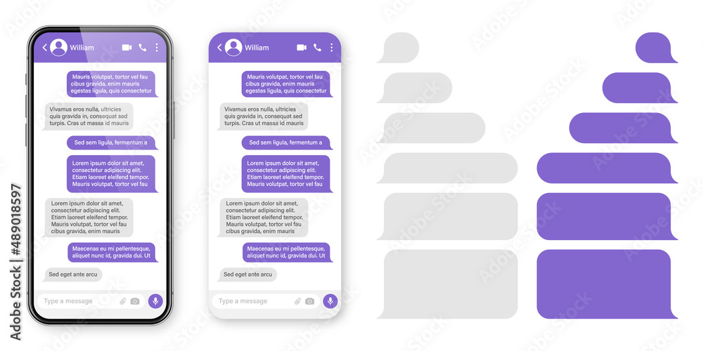 Wall mural Realistic smartphone with messaging app. Blank SMS text frame. Conversation chat screen with violet message bubbles. Social media application. Vector illustration.