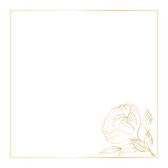Square postcard template with a square frame decorated in the corner with a bouquet of decorative flowers and leaves, hand drawn with a golden gradient.