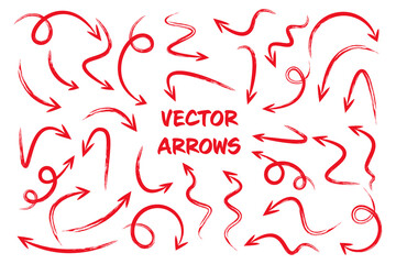 Red grunge hand drawn arrows isolated on white background. Doodle arrow, zigzag and round pointers. Handmade sketches of direction symbols. Vector illustration.