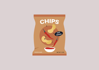 A plastic bag of spicy potato chips with hot sauce, unhealthy snacks