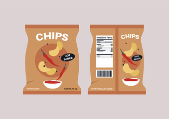 A plastic bag of spicy potato chips with a nutritional label on it, back and front,  unhealthy snacks