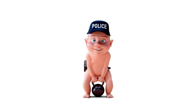 Fun 3D cartoon of a baby cop lifting weigths