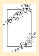 Rectangular postcard template with a rectangular frame decorated diagonally with bouquets of spring flower branches, hand drawn in black outline.