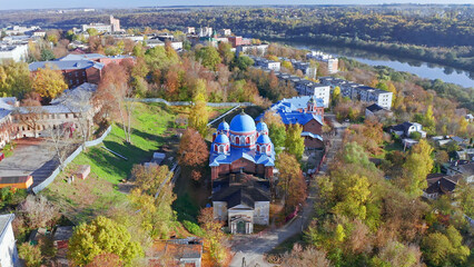 Kaluga city in summer, Christian churches, aerial view, Russia