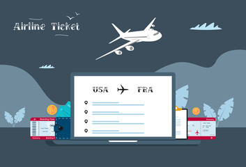 Buying tickets airplane ticket online. Buy ticket on screen laptop online. Vector illustration in modern style. Dark background