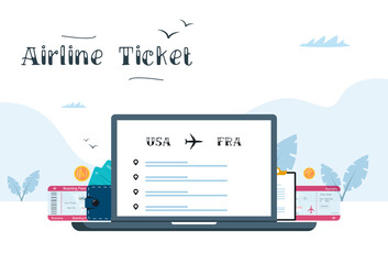 Buying tickets airplane ticket online. Buy ticket on screen laptop online. Vector illustration in modern style