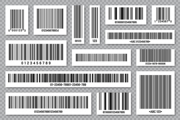 Fototapeta premium Set of product barcodes. Identification tracking code. Serial number, product ID with digital information. Store or supermarket scan labels, price tag. Vector illustration.