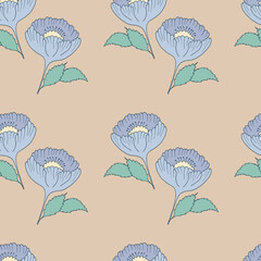 Seamless pattern x with a print of blue decorative flowers with leaves, hand drawn on a beige background.
