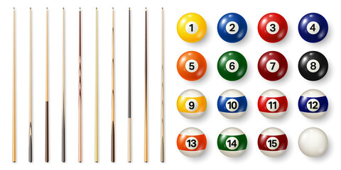 Colorful billiard balls with numbers and various pool cues. Glossy snooker ball. Sports equipment. Vector illustration.