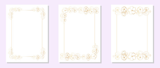 Set of rectangular postcard templates with rectangular frames decorated at the corners with bouquets of cherry blossoms, sakura flowers, freehand drawing with golden gradient.