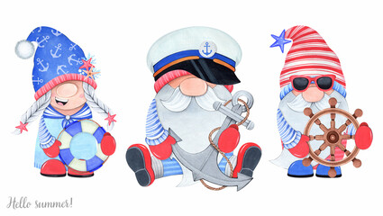 Summer gnomes on a white background. Anchor, wheel, lifebuoy. Watercolor illustration.