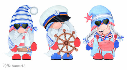 Cute beach gnomes on a white background. Ship, crab, wheel. Watercolor illustration.