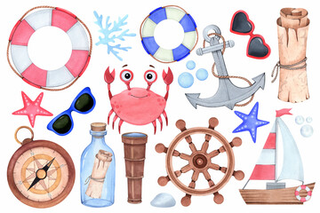 Nautical elements set. Anchor, compass, ship, crab, lifebuoy, map on a white background. Watercolor illustration.