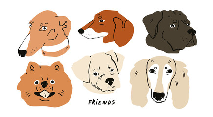 Portraits of various Dogs. Cute adorable puppies. Different breeds. Cartoon style. Best friends, animal care concept. Hand drawn Vector illustration. Every head is isolated