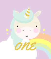 Birthday Party, Greeting Card, Party Invitation. Kids illustration with Cute Magic Unicorn and an inscription one. Vector illustration in cartoon style.	