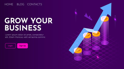 Grow your business. Growing arrow on stacks of coins. Landing page