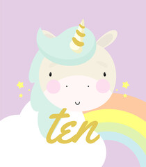 Birthday Party, Greeting Card, Party Invitation. Kids illustration with Cute Magic Unicorn and an inscription ten. Vector illustration in cartoon style.