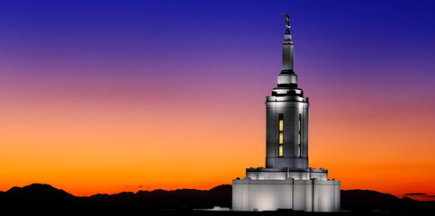 Pocatello Idaho LDS Mormon Temple with Lights at Sunset