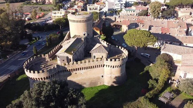 Top view aerial flight over the castle of Julius II, huge papal fortress in Ostia Antica, Rome