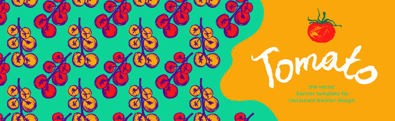 Banner organic ingredients, template design for healthy food concept, vegetarian food banner for cherry tomatoes background, eco store and farmers market. Tomato pattern for homemade cooking courses.