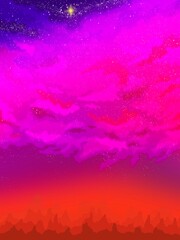 Colorido atardecer de fondo con estrellas y montañas
