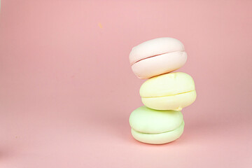 Stack of marshmallows looks like macarons, macaroons French cookie. concept of sweet dessert. Brignt macarons for sweet break