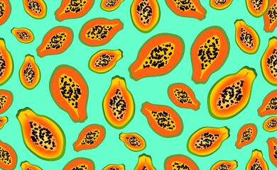 Papaya as a background. Juicy and bright fruit in the section with seeds.  Orange-yellow papaya with different background colors. A modern pattern for the website, packaging, and cover.