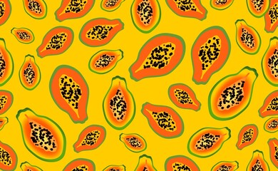 Papaya as a background. Juicy and bright fruit in the section with seeds.  Orange-yellow papaya with different background colors. A modern pattern for the website, packaging, and cover.