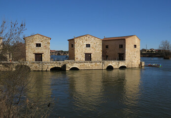 View of the Romanesque  water mills of Olivares on the Duero river (11-12 century).
Historic city of Zamora. Spain.