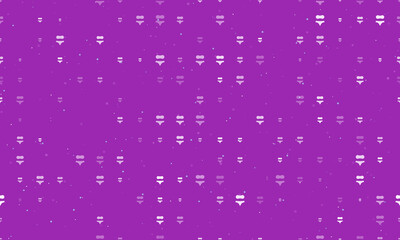 Seamless background pattern of evenly spaced white bikini symbols of different sizes and opacity. Vector illustration on purple background with stars