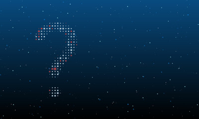 On the left is the question symbol filled with white dots. Background pattern from dots and circles of different shades. Vector illustration on blue background with stars