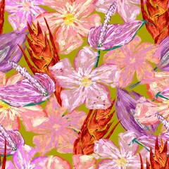 Exotic Scribble flower. Seamless pattern.