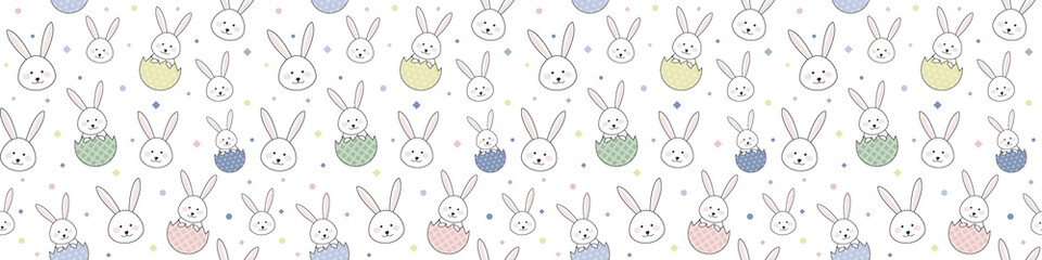 Colourful Easter banner with cute bunnies and eggs. Seamless pattern. Vector
