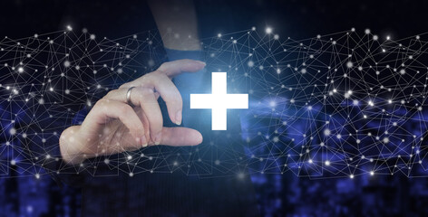Benefit plus positive thing, personal development, growth concepts. Hand hold digital hologram sign on city dark blurred background. Increse and more benefit concept, social network Profit.
