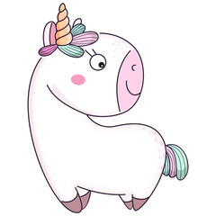 Cute cartoon magic unicorn for kids. Vector illustration.
