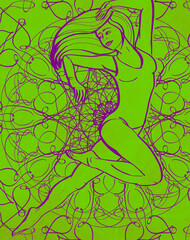 linear drawing of a girl in a one-piece swimsuit making a jump on a green patterned background