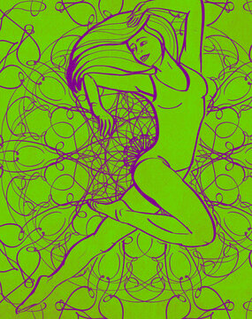 linear drawing of a girl in a one-piece swimsuit making a jump on a green patterned background © viktoriaz9
